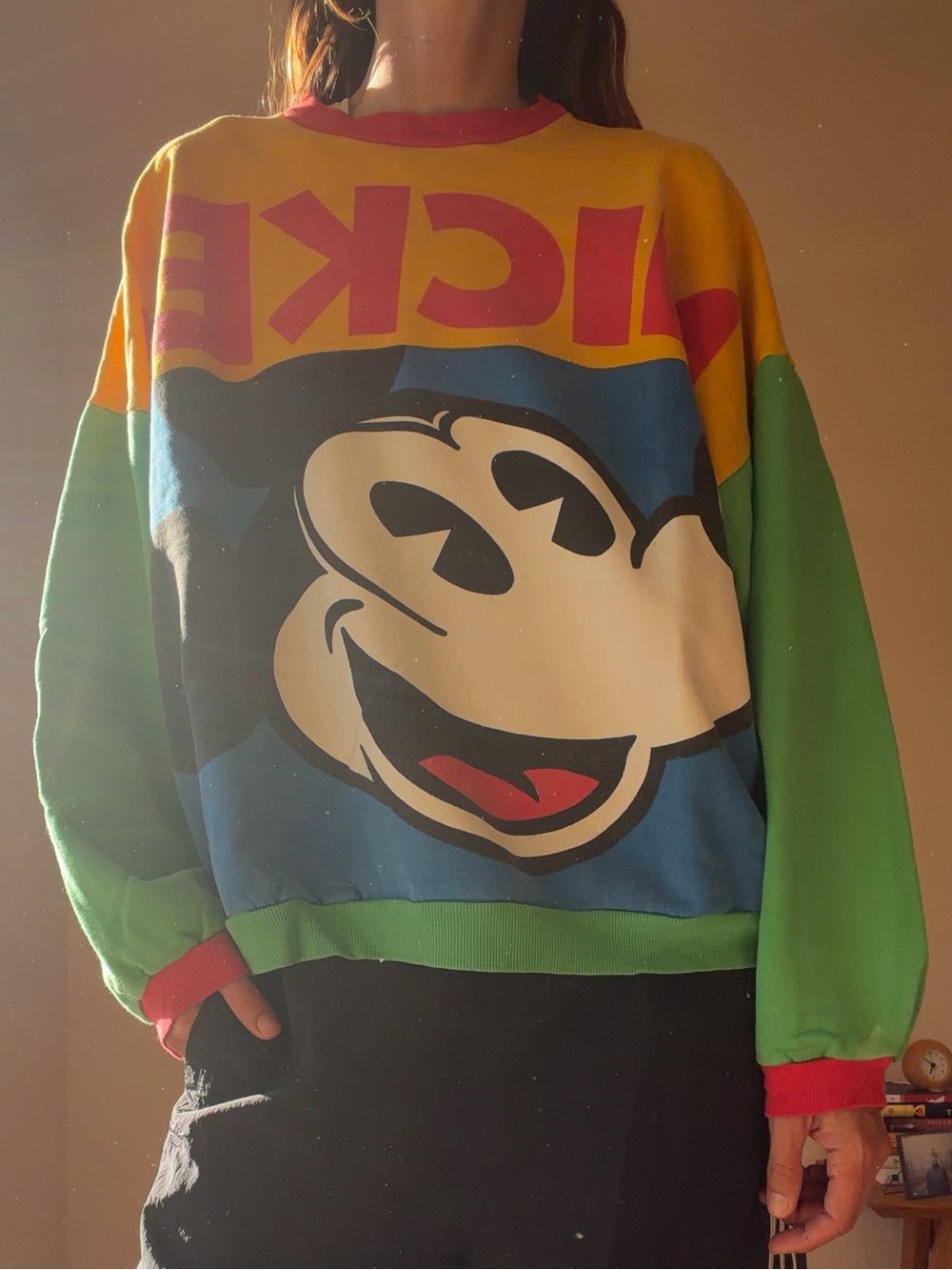 Colorblock Cartoon Graphic Men's Sweater in Yellow, Green & Blue VINTAGE